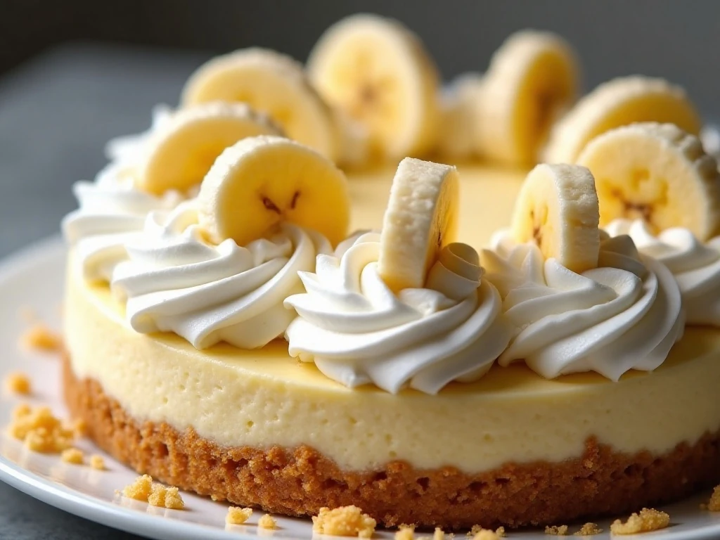 Whipped cream and banana topping on a chilled cheesecake
