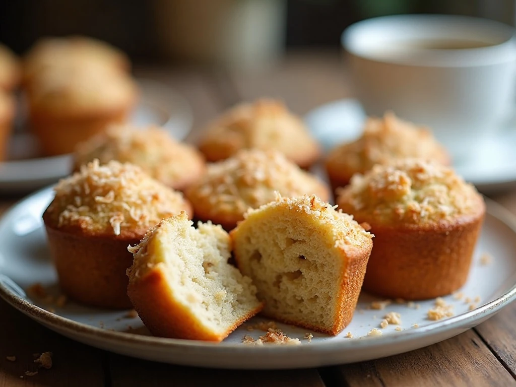 Banana muffins with toasted coconut arranged for breakfast