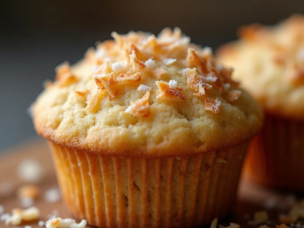 Close-up of toasted coconut topping on a banana muffin
