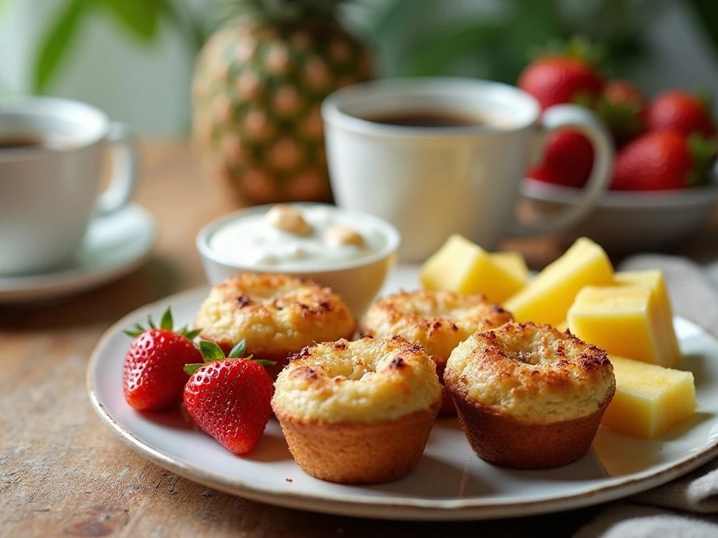Toasted coconut banana muffins with fruit and yogurt