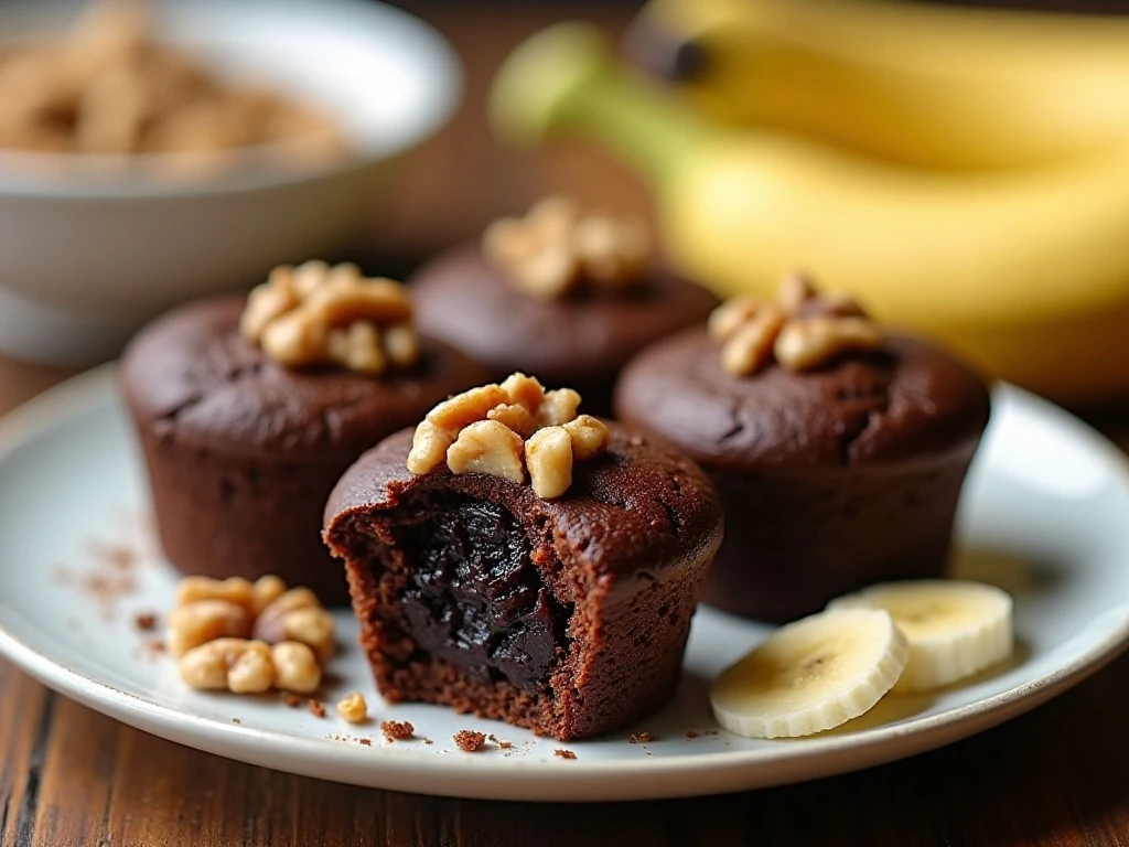 Banana nut fudge brownie cupcakes arranged on a dessert platter