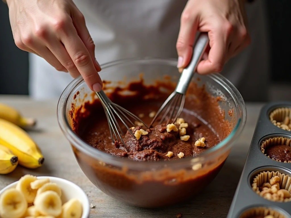 Preparing banana walnut brownie batter for cupcake portions