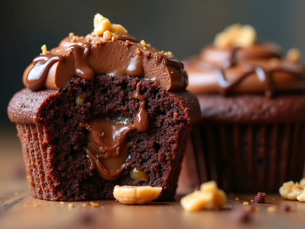 Close-up of fudgy banana brownie cupcake texture with walnuts