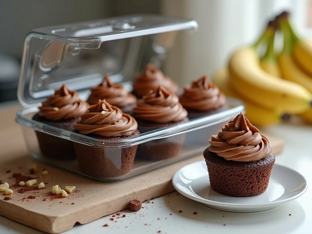 Stored banana nut fudge brownie cupcakes in an airtight container