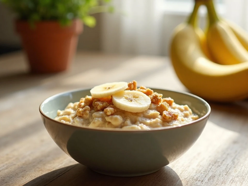 Healthy banana nut oatmeal in a bowl with sliced banana and chopped walnuts