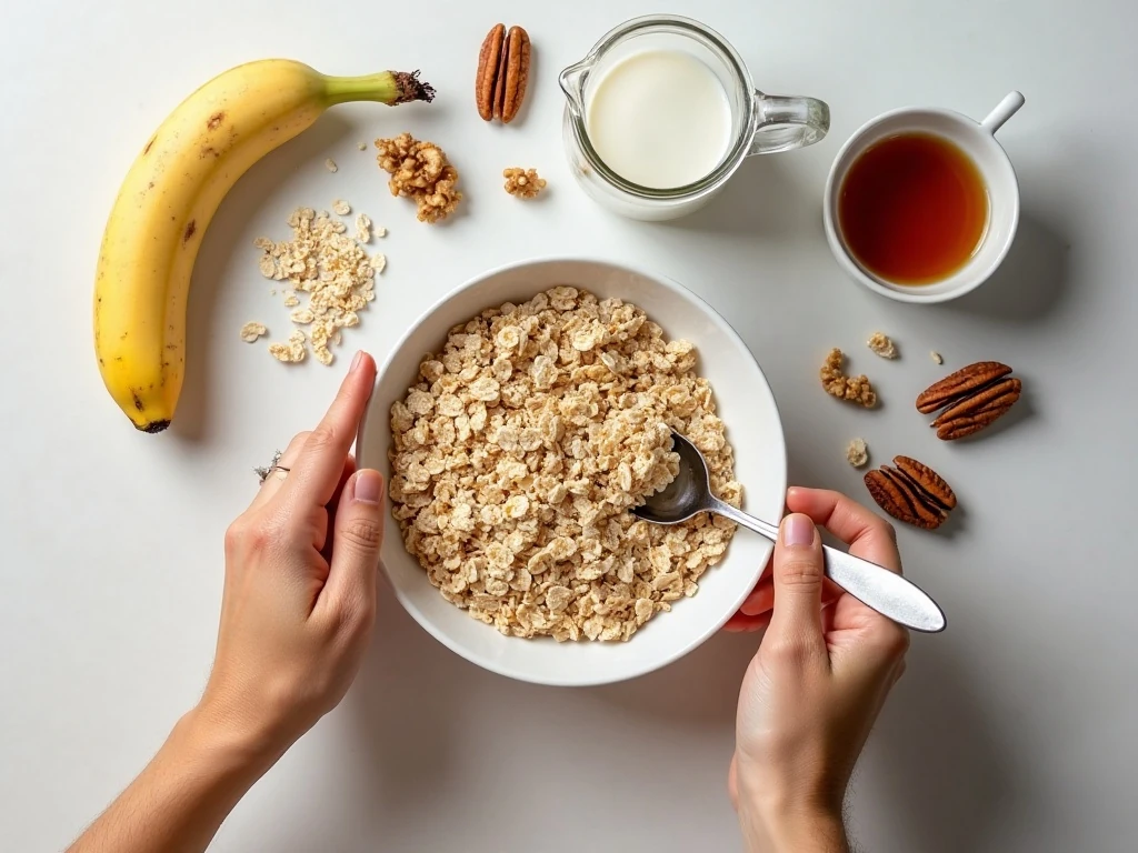Ingredients for banana nut oatmeal arranged for easy preparation