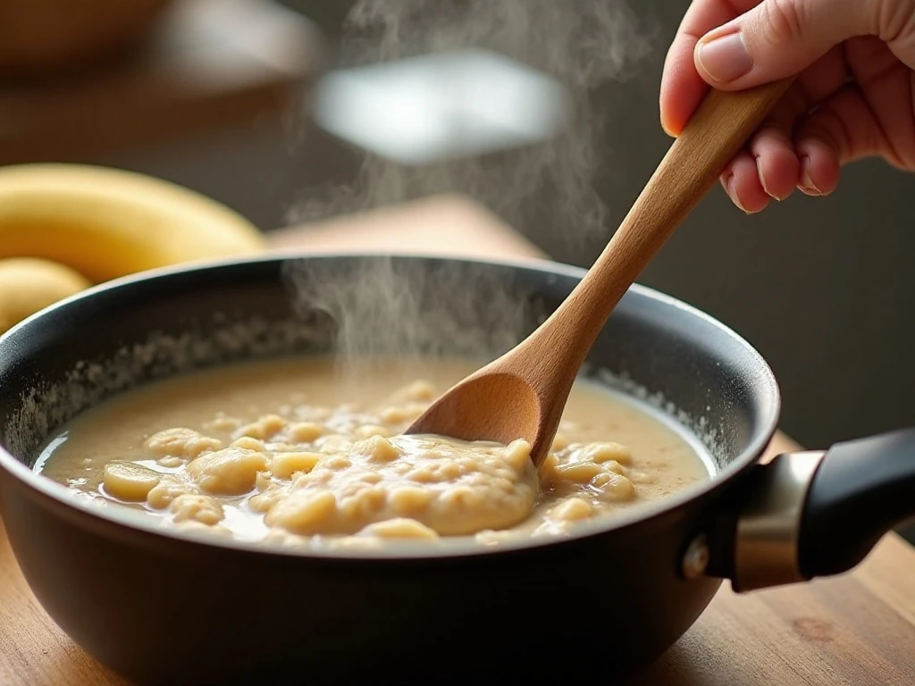 Creamy banana oatmeal cooking in a saucepan