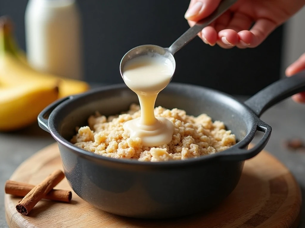 Stirring banana oatmeal until soft and creamy