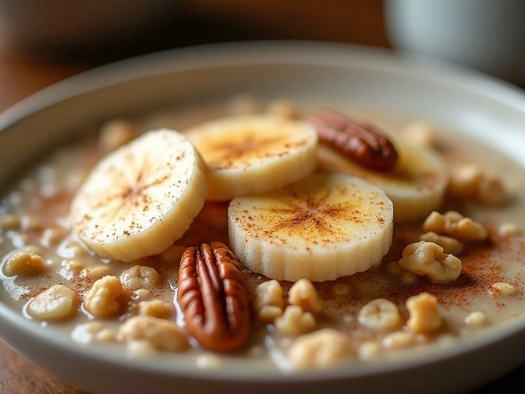 Close-up of banana slices, nuts, and cinnamon topping oatmeal