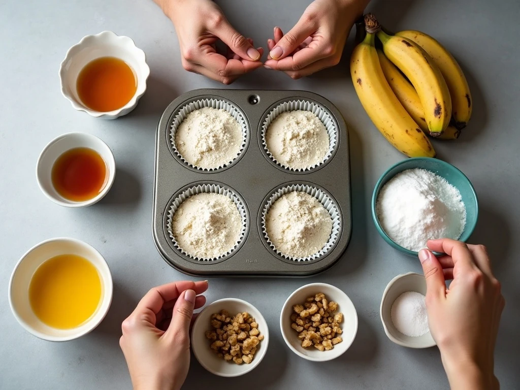 Ingredients for easy moist banana nut muffins