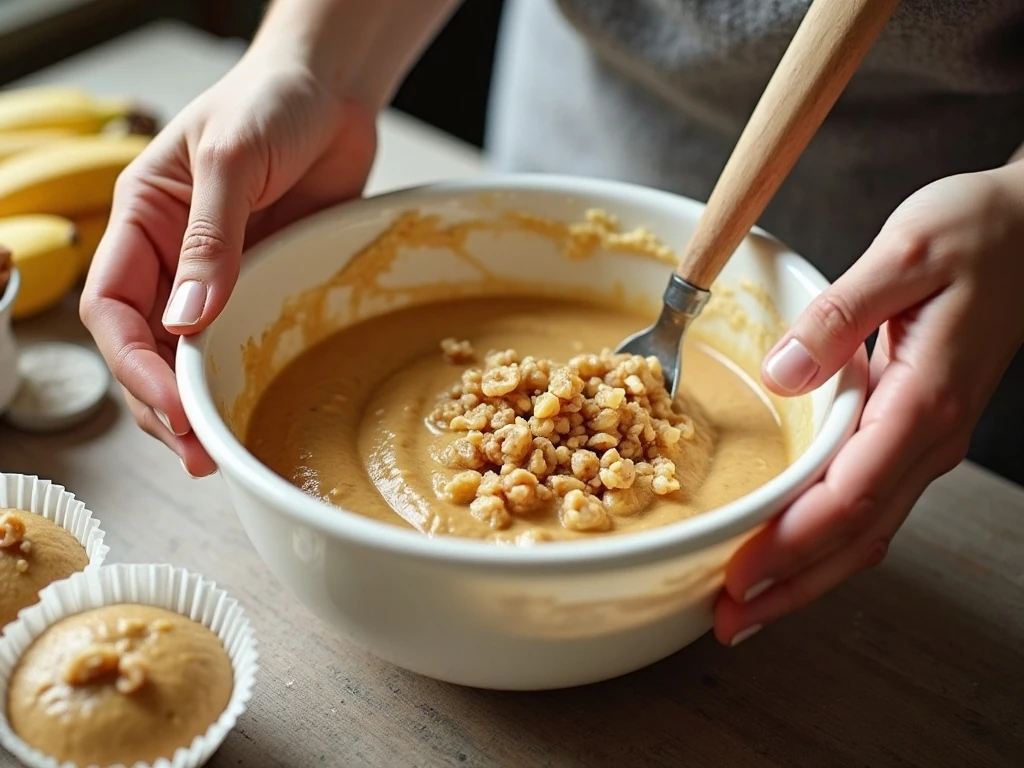 Banana muffin batter being folded with chopped nuts
