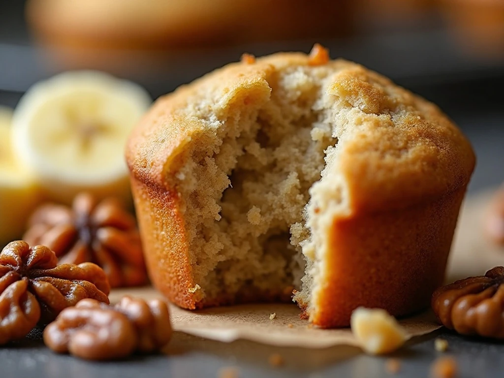 Close-up of moist banana muffin crumb and toasted walnuts