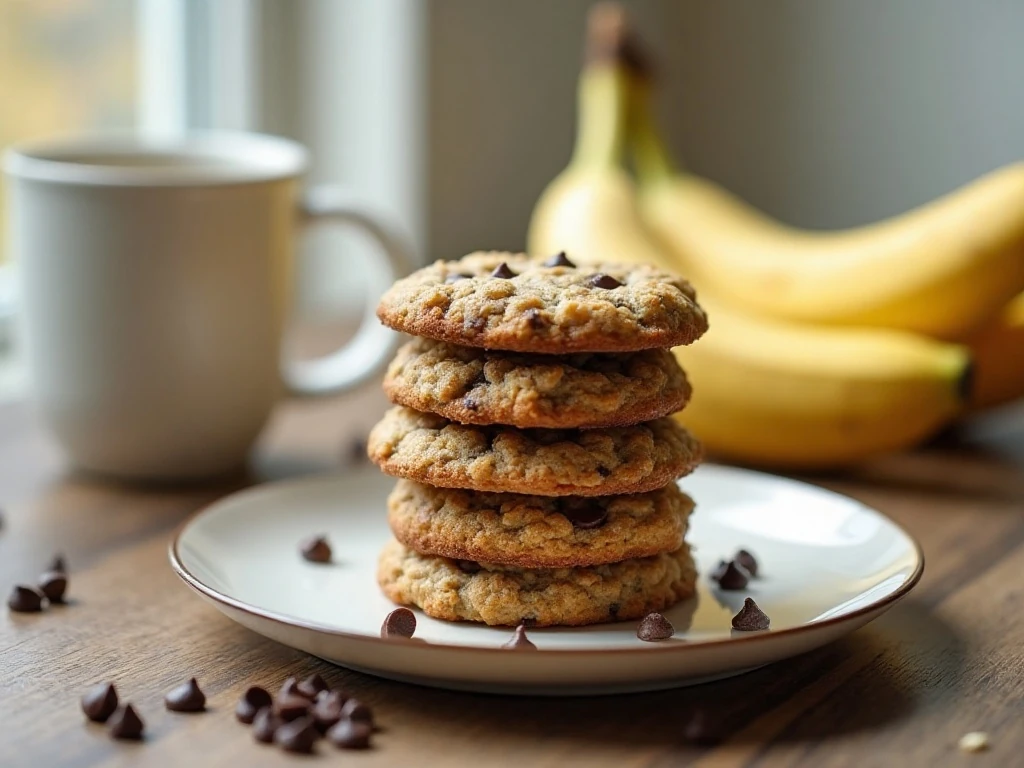 Stack of soft banana oatmeal chocolate chip cookies served with banana and coffee