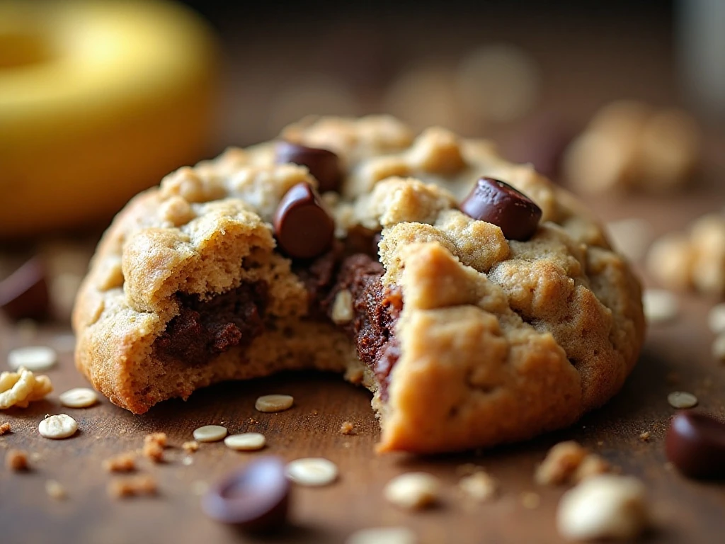 Close-up of the soft chewy center of a banana oatmeal chocolate chip cookie