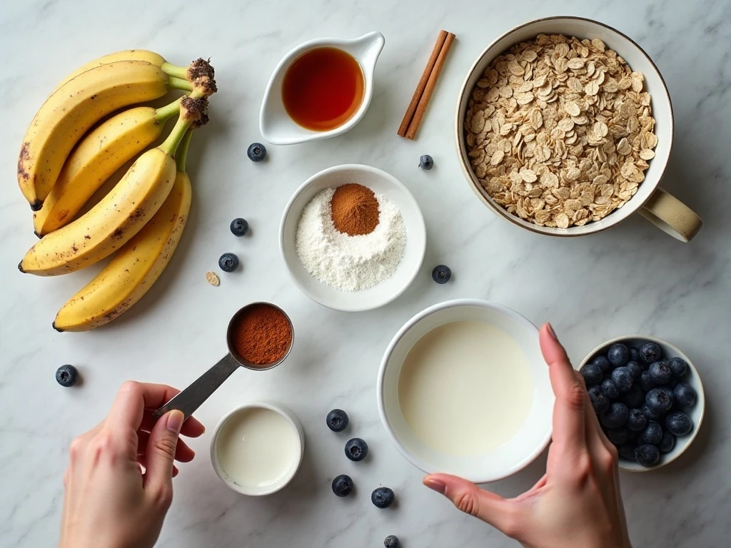 Ingredients for healthy banana oatmeal blueberry muffins