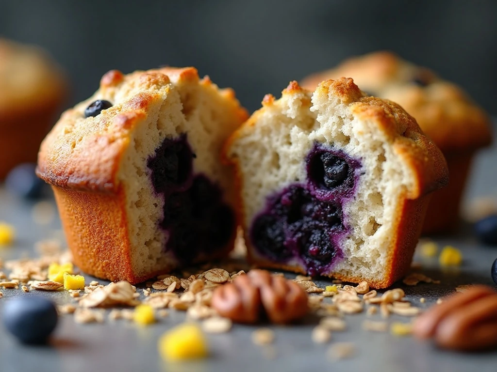 Close-up of moist blueberry banana oatmeal muffin crumb
