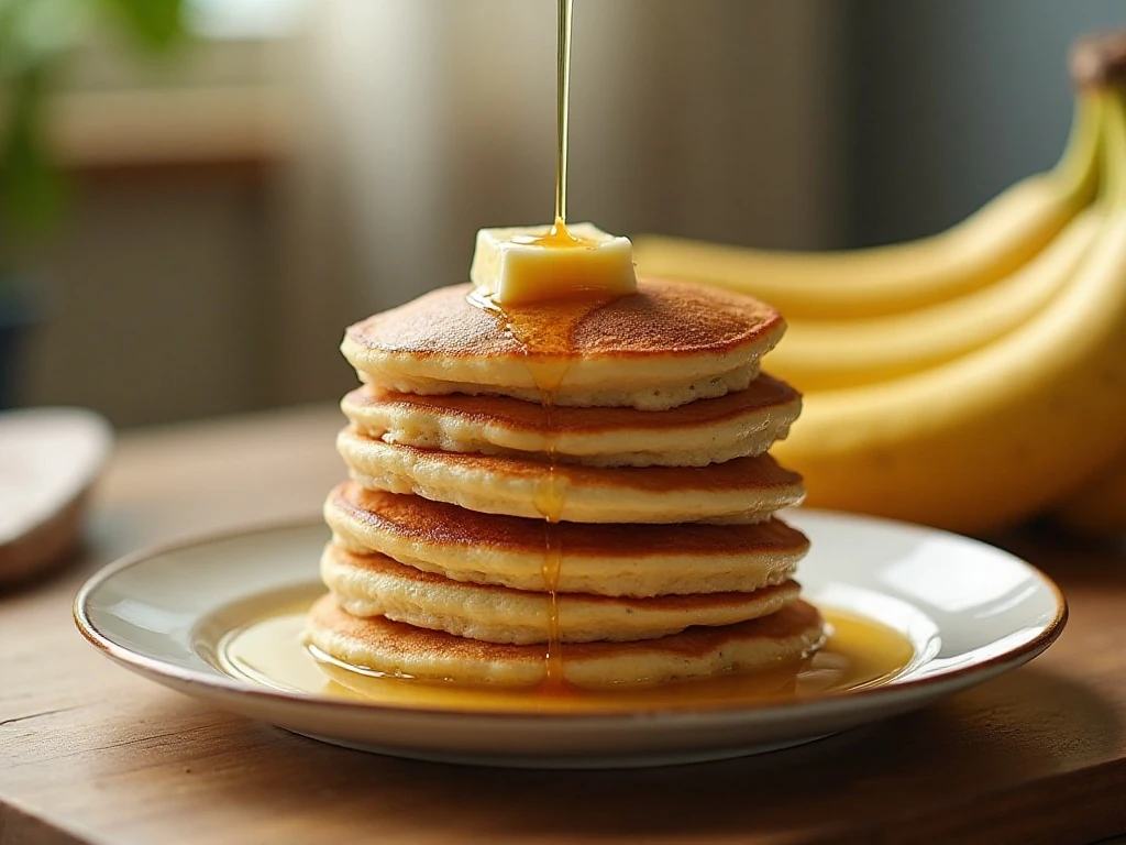 Stack of fluffy banana pancakes with butter and maple syrup