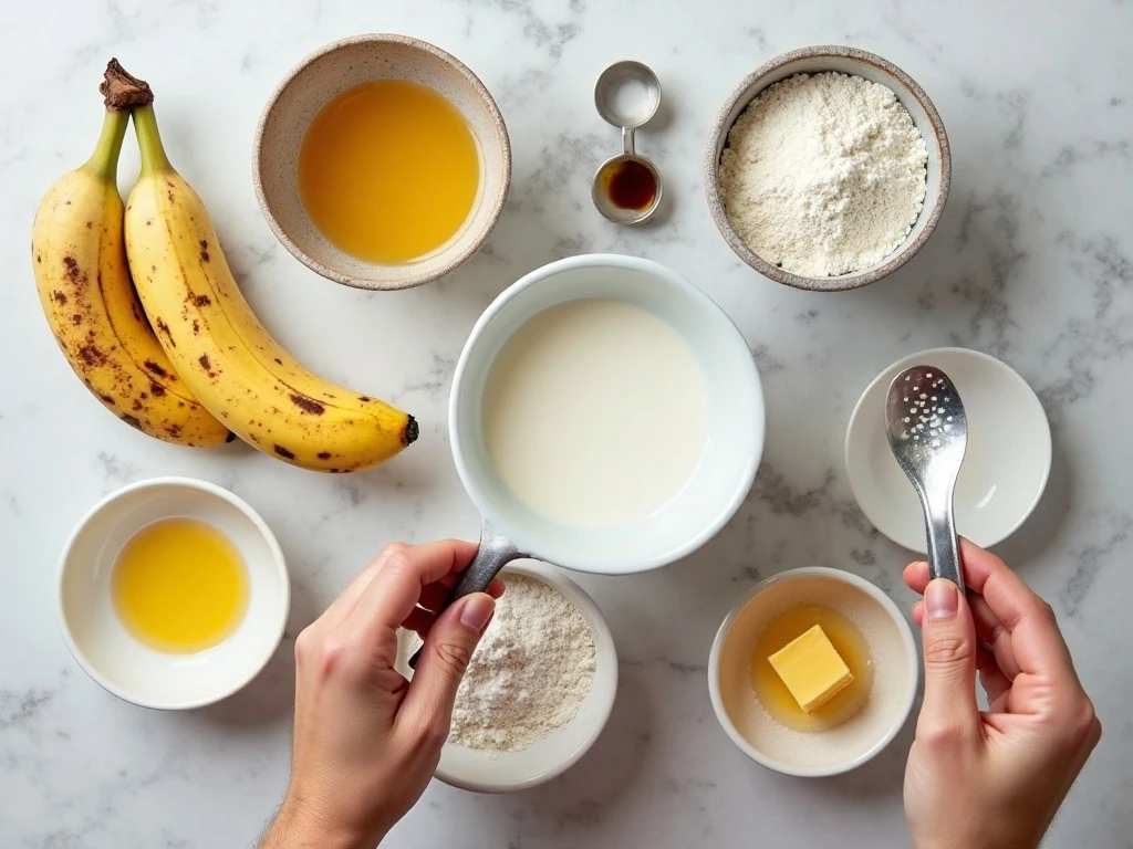 Ingredients for fluffy banana pancakes arranged on a counter