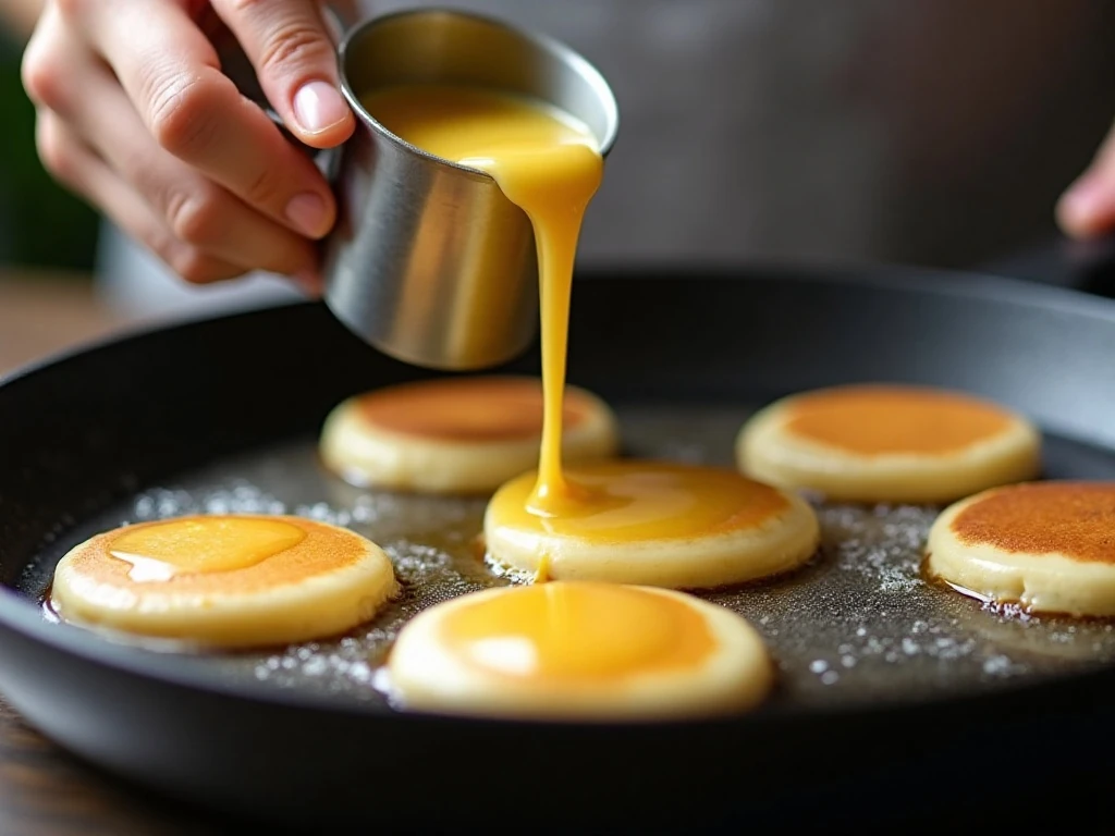 Banana pancake batter cooking in a skillet