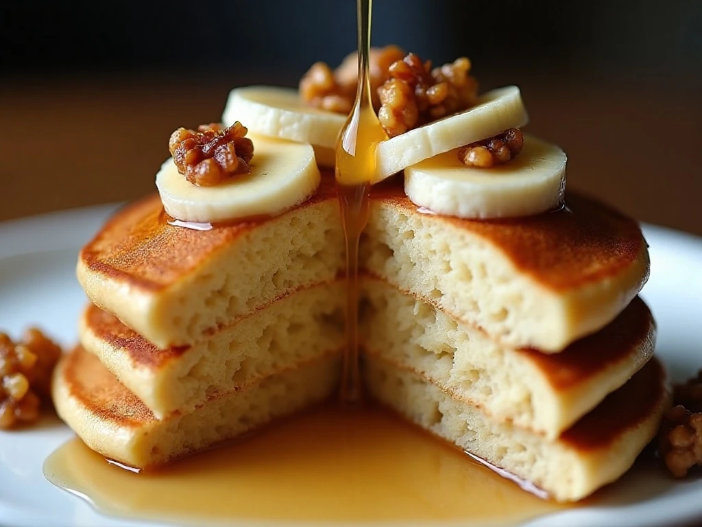 Close-up of fluffy banana pancake texture with banana and walnuts