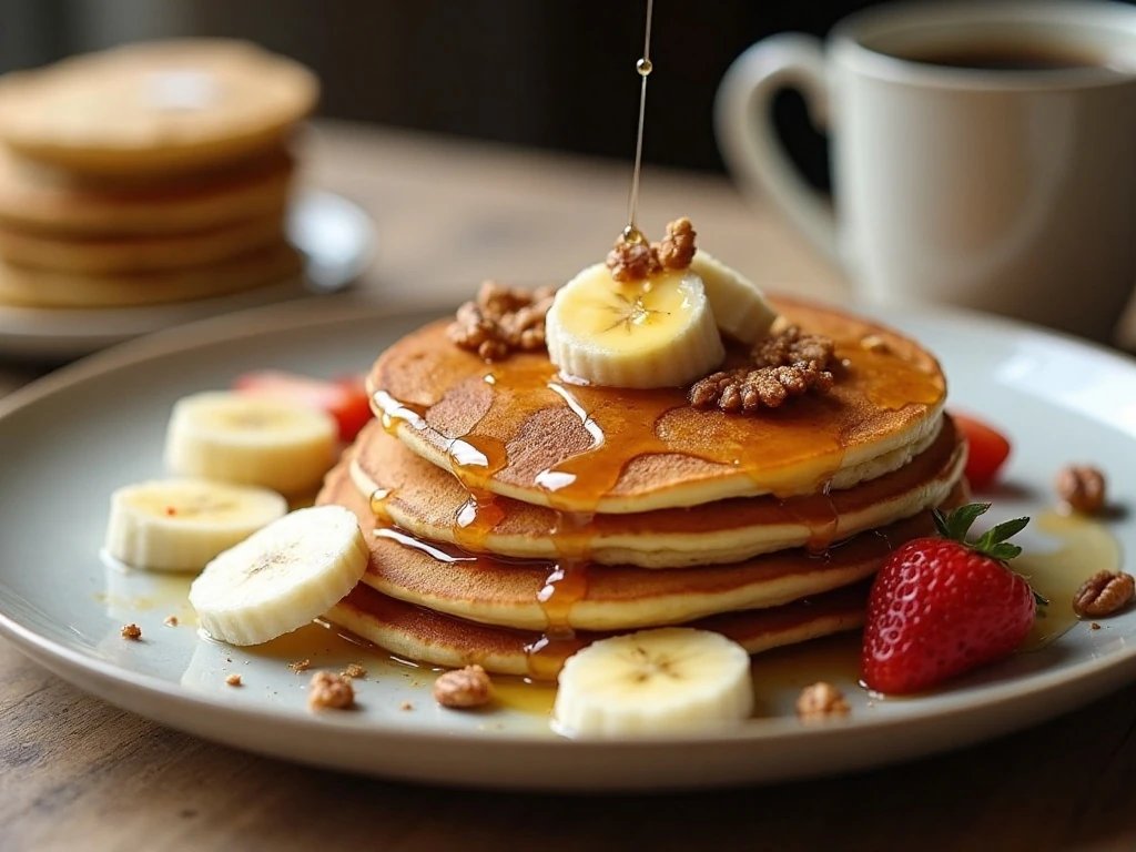 Banana pancakes served with fruit, nuts, butter, and syrup