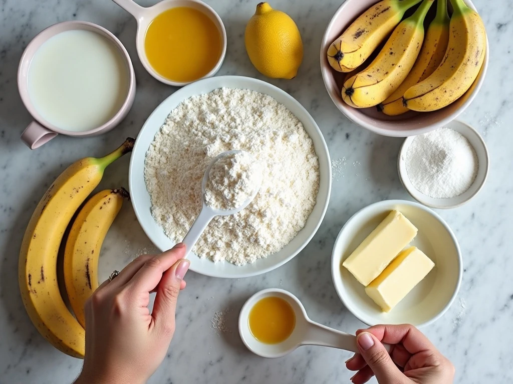 Ingredients for banana poppy seed cake and lemon buttercream arranged for baking