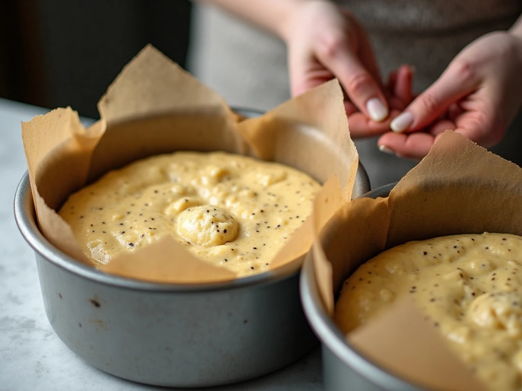 Banana poppy seed cake batter being portioned into prepared round cake pans