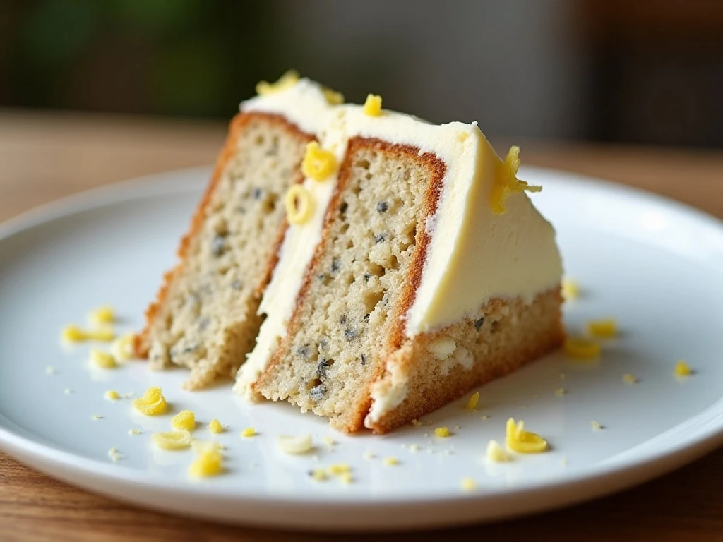 Close-up slice of banana poppy seed cake with lemon buttercream and lemon zest