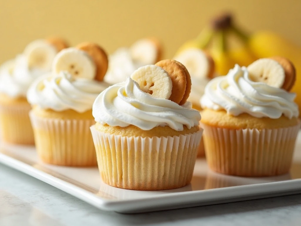Banana pudding cupcakes arranged on a dessert platter