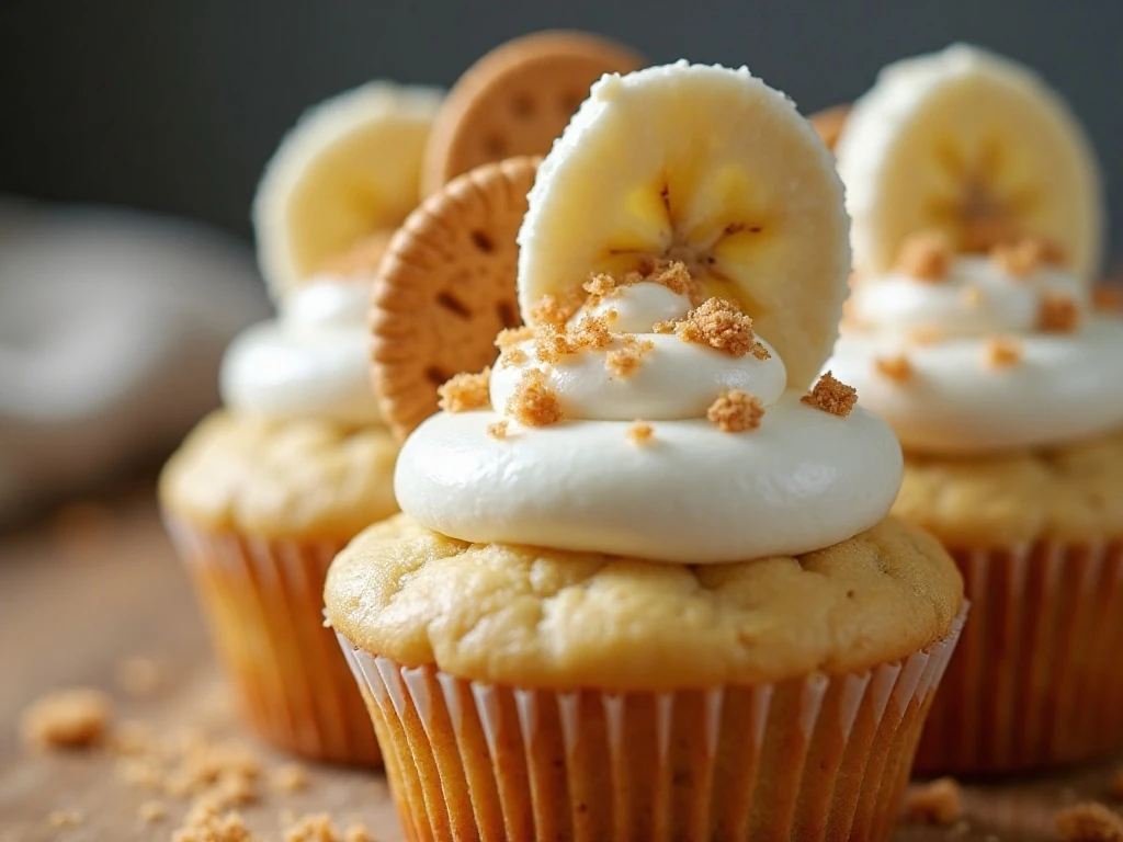 Whipped cream and vanilla wafer garnish on a cupcake