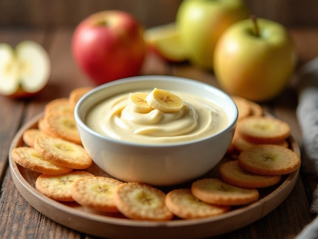 Creamy banana pudding dip served with vanilla wafers and apple slices