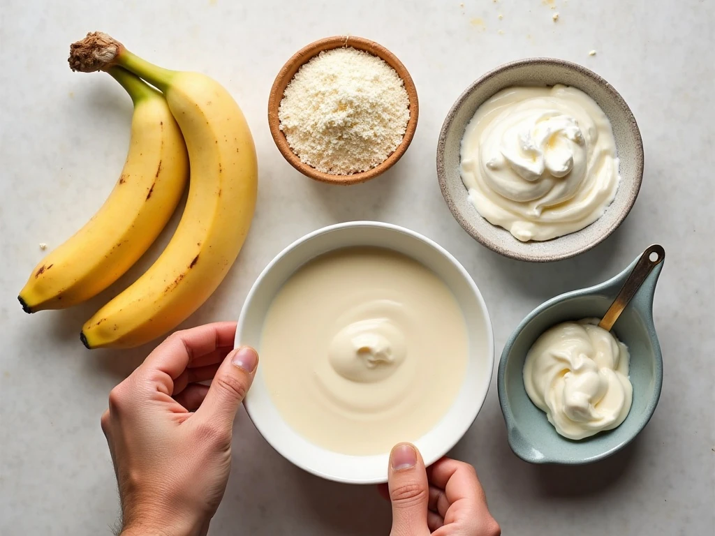 Ingredients for easy banana pudding dip arranged for preparation