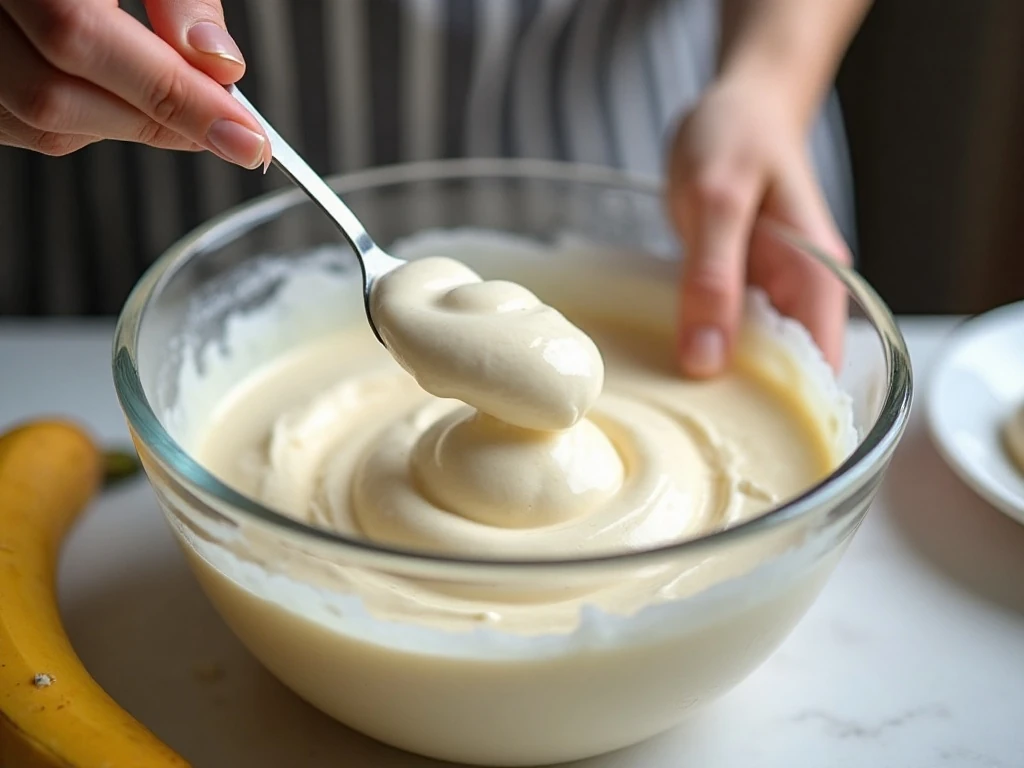 Whipped topping being gently folded into banana pudding dip