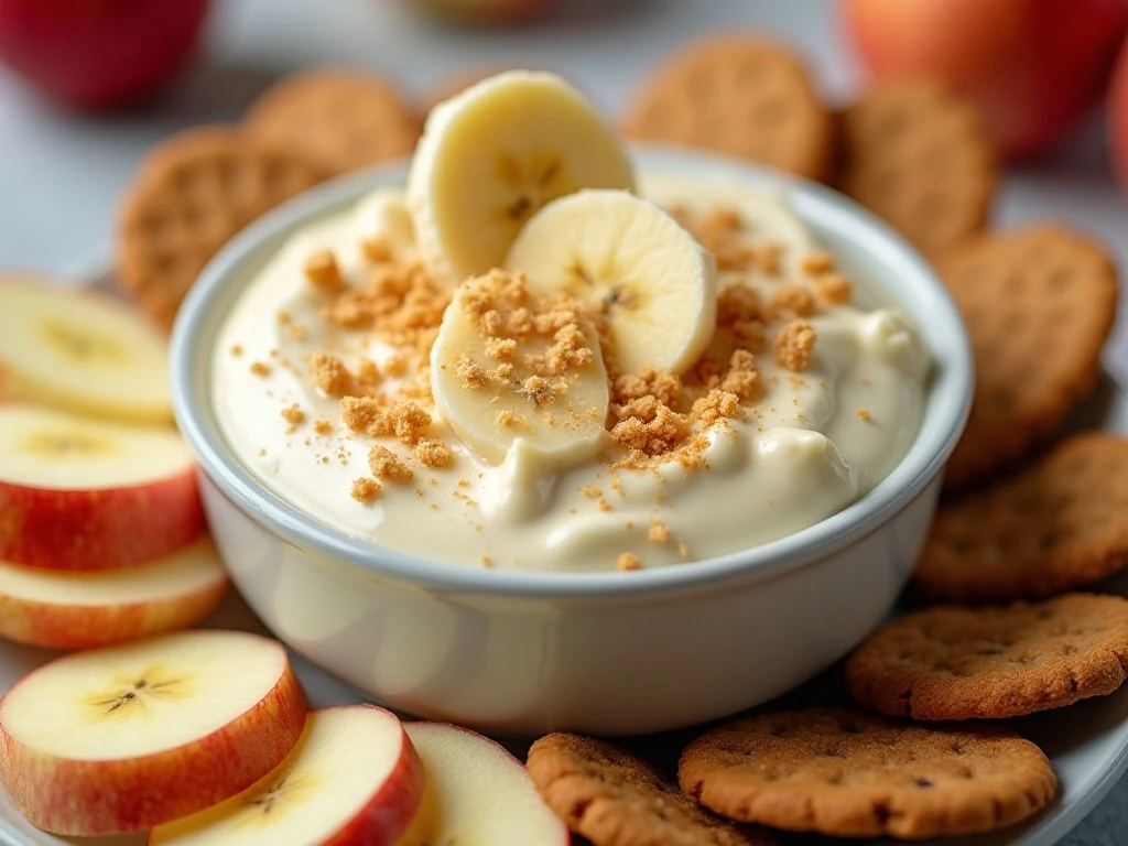 Banana pudding dip garnished with banana slices and cookie dippers