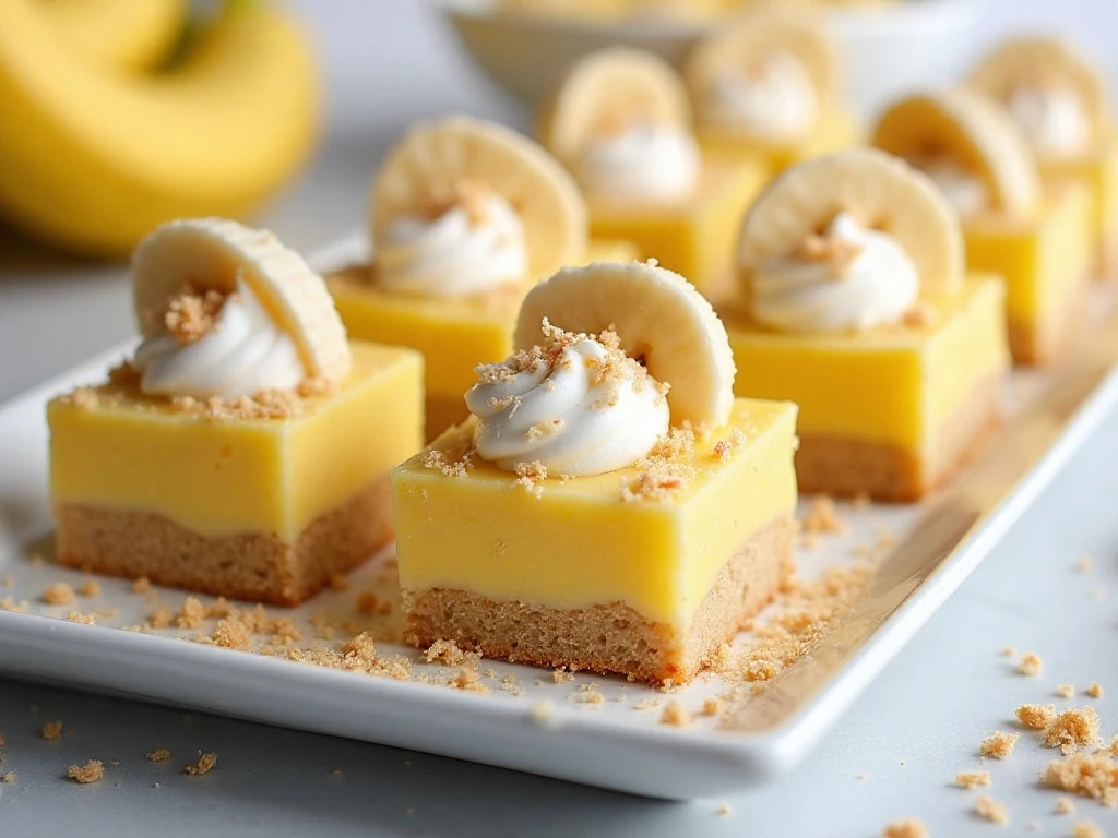 Banana pudding poke cake squares with whipped topping, bananas, and vanilla wafers