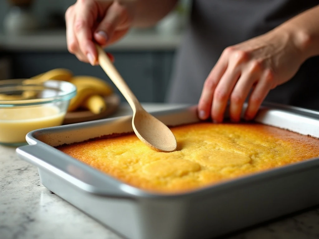 Poking warm yellow cake before adding banana pudding