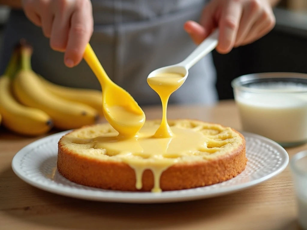 Spreading banana pudding over a freshly poked cake