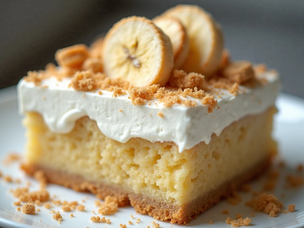 Close-up slice of banana pudding poke cake with vanilla wafers