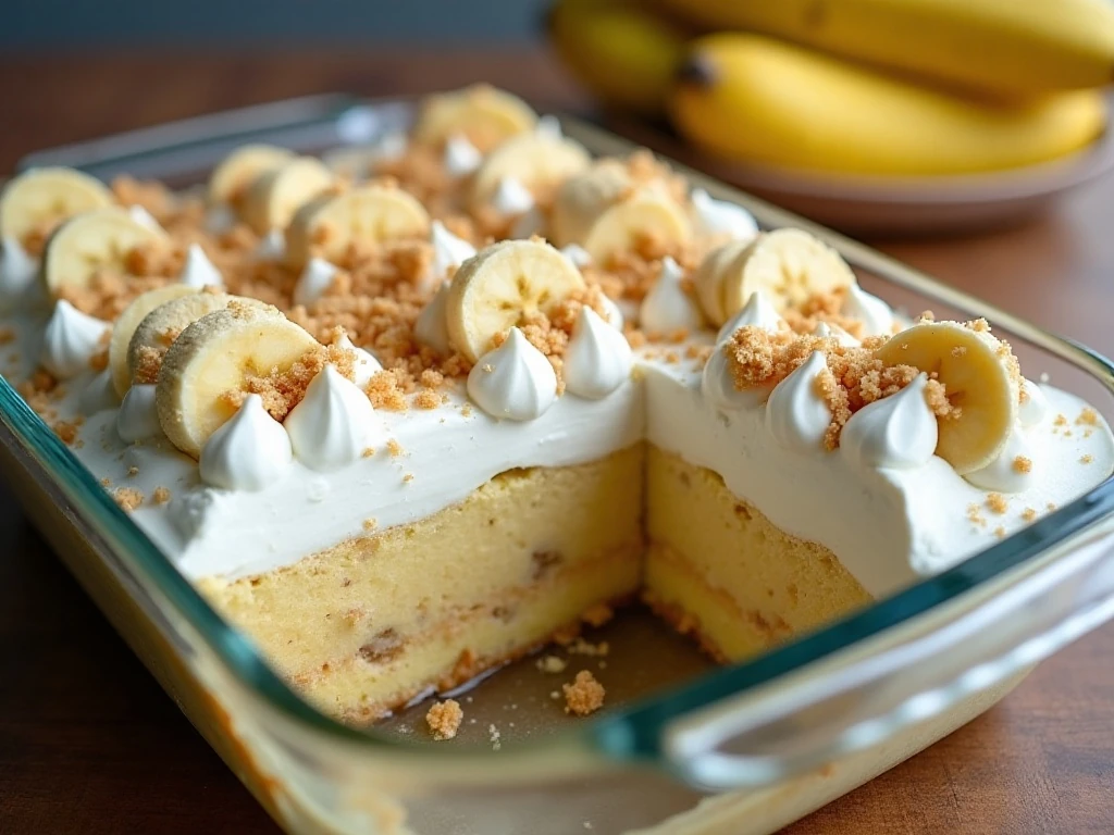 Covered banana pudding poke cake ready for refrigeration