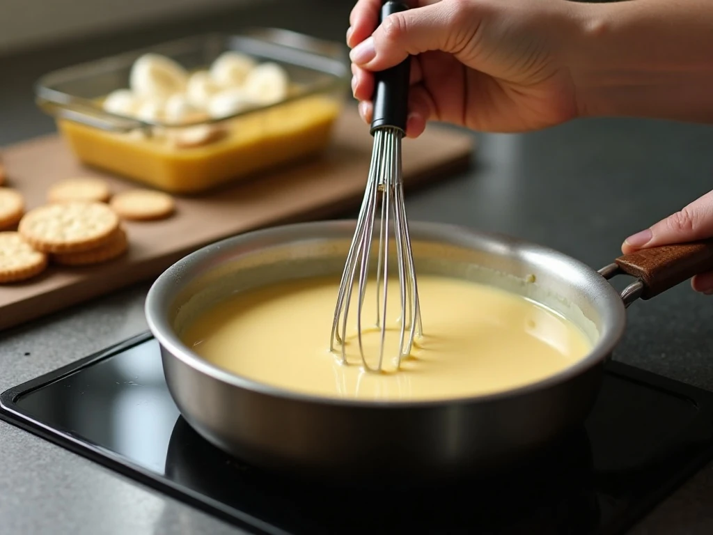 Cooking homemade vanilla custard for banana pudding