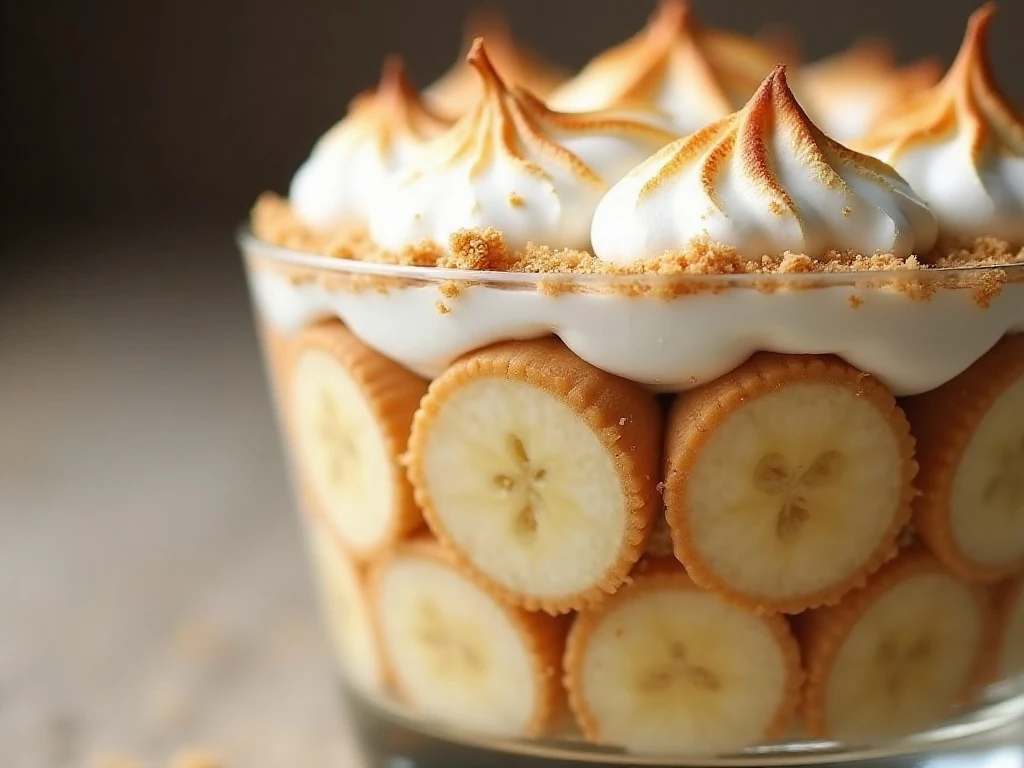 Close-up of banana pudding layers and toasted meringue topping