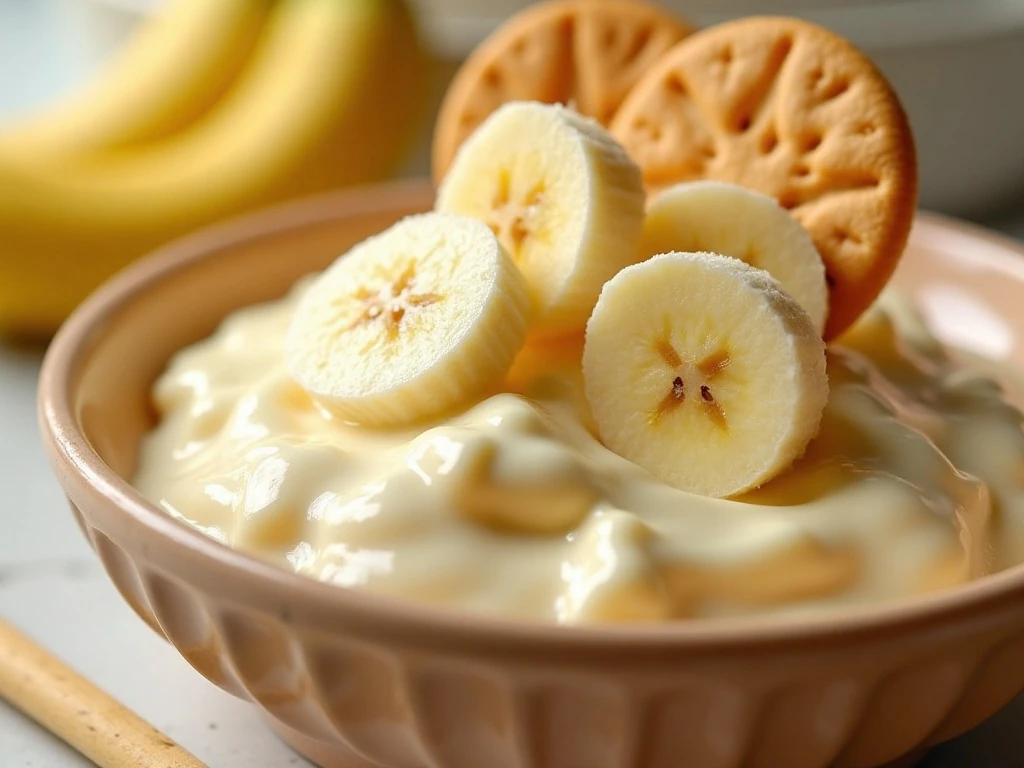 Creamy layered banana pudding in a serving dish