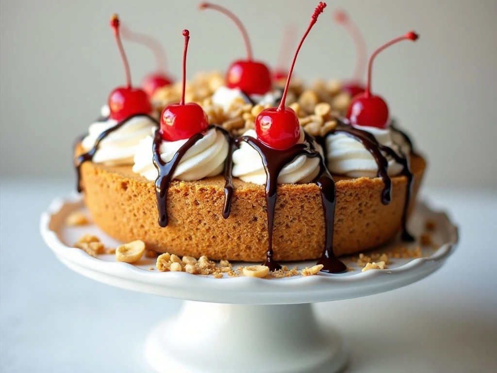 Whole no-bake banana split pie decorated with chocolate syrup, cherries, strawberries, and nuts