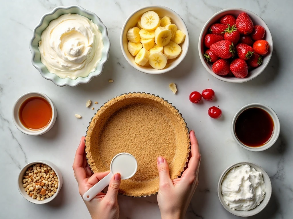 Ingredients for no-bake banana split pie arranged on a countertop