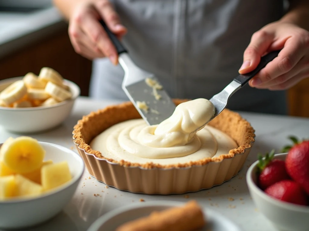 Spreading cream cheese filling into a graham cracker crust for banana split pie