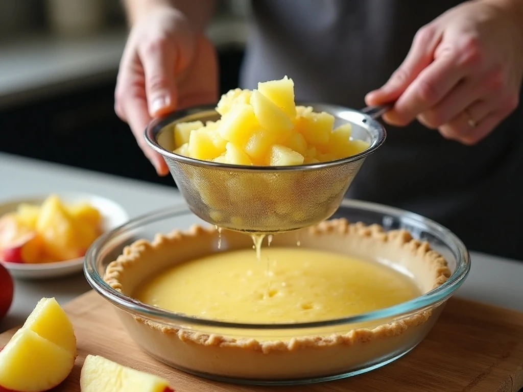 Crushed pineapple draining before being added to no-bake banana split pie