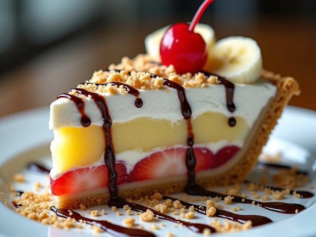 Close-up slice of chilled banana split pie with cherry, chocolate syrup, and chopped nuts