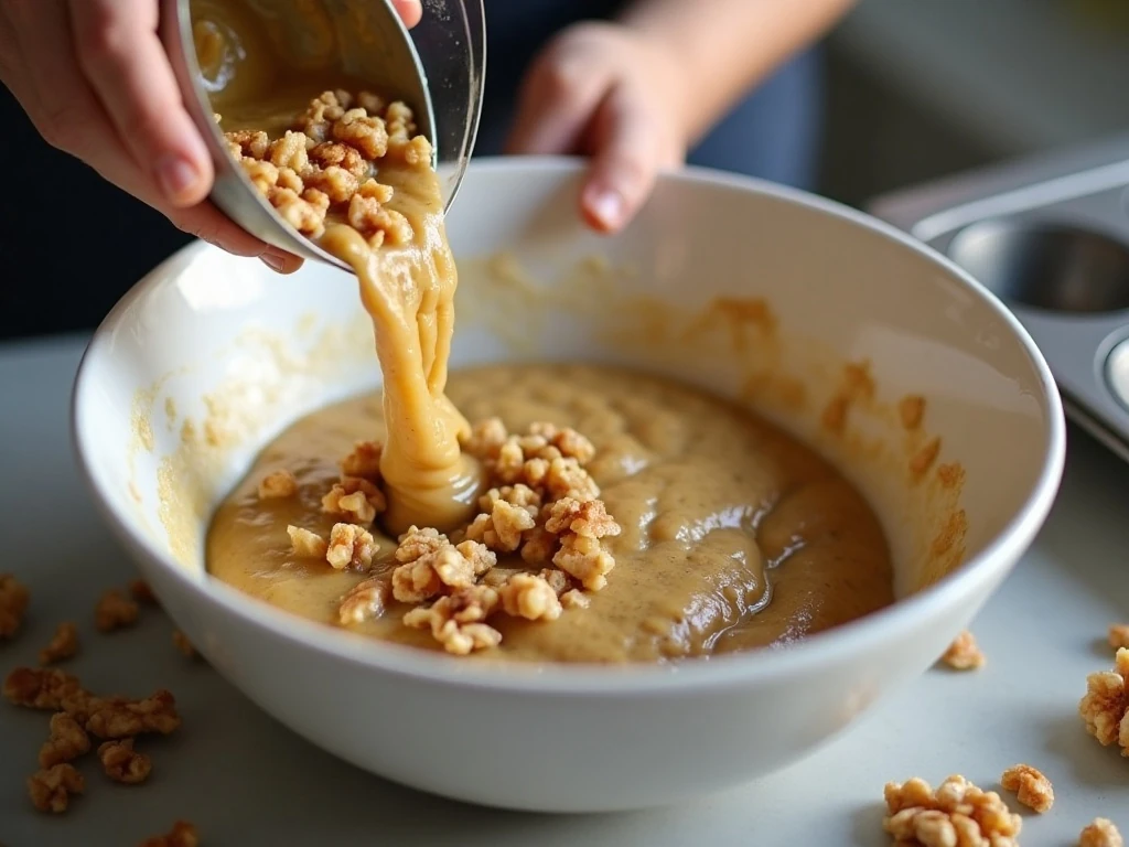 Banana muffin batter being folded with chopped walnuts
