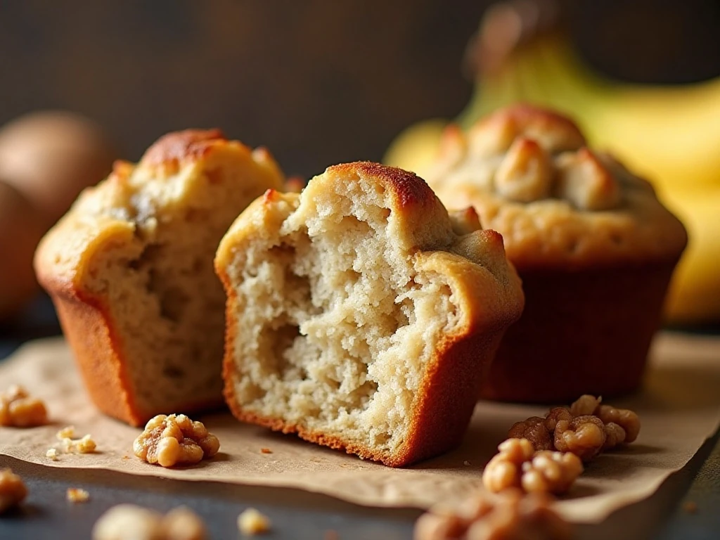 Close-up of the moist crumb and walnuts in a banana muffin