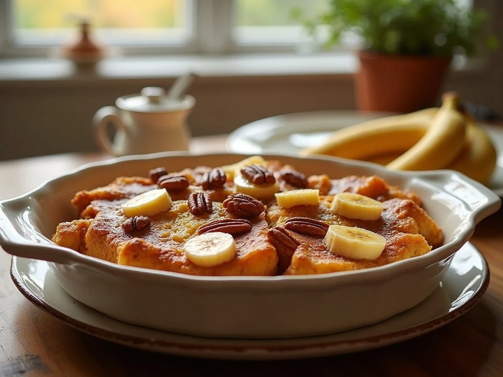 Golden Bananas Foster French Toast Casserole served with warm banana topping